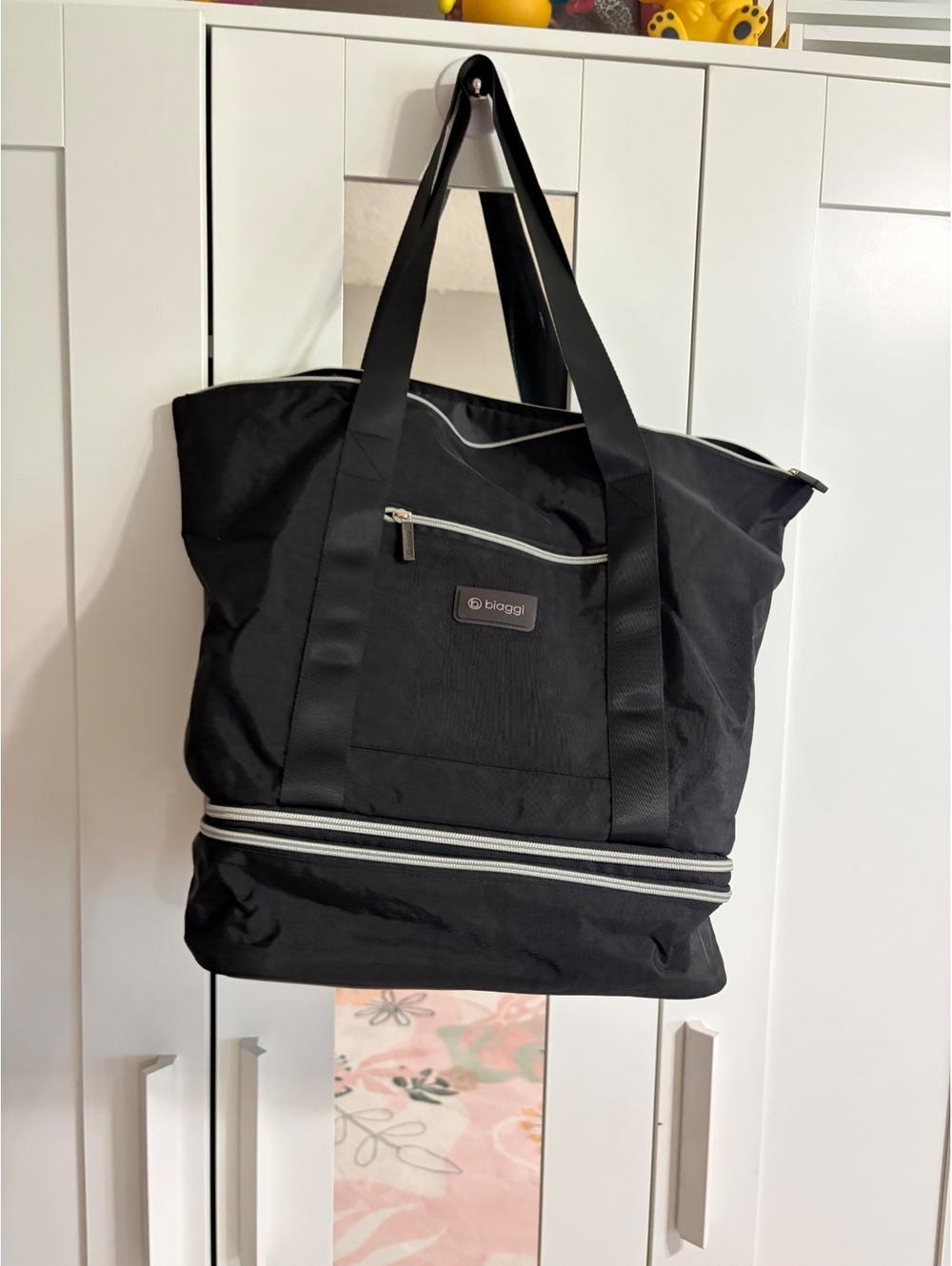 Biaggi Black Tote Bag with Bottom Compartment and Zipper Closure